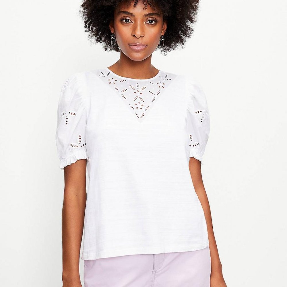Loft Round Neck Top with Short Puff Sleeves M